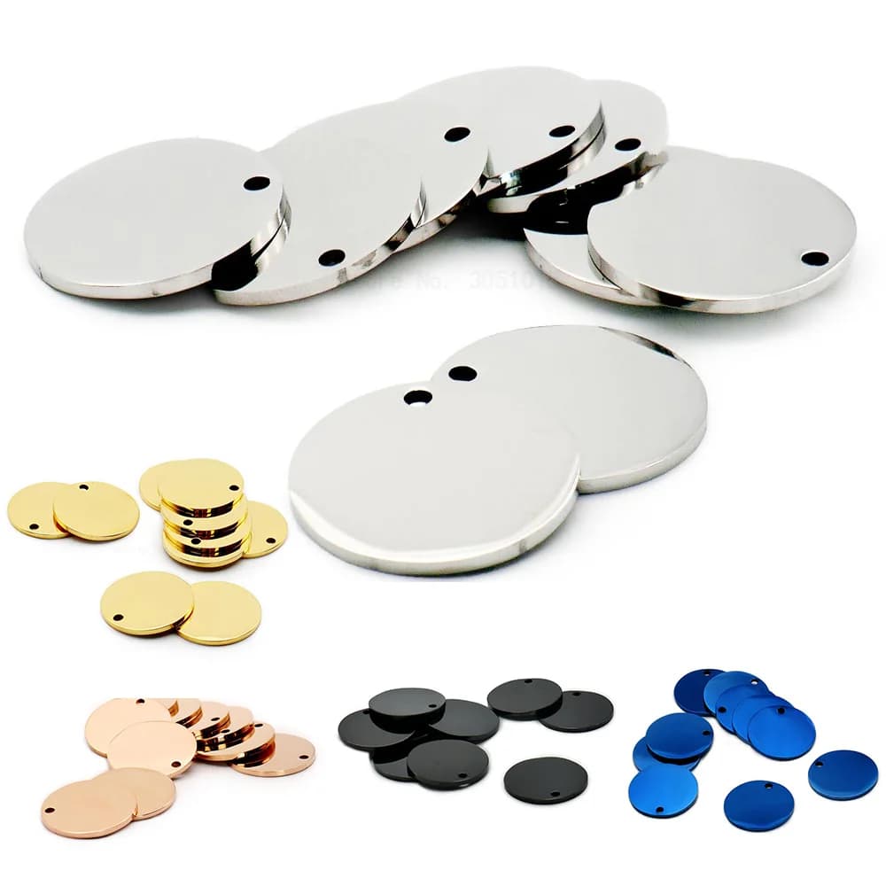 Étiquette d'identification en acier inoxydable, 20 pièces, collier miroir rond pour animaux de compagnie, bricolage, placage de nom, pendentif,