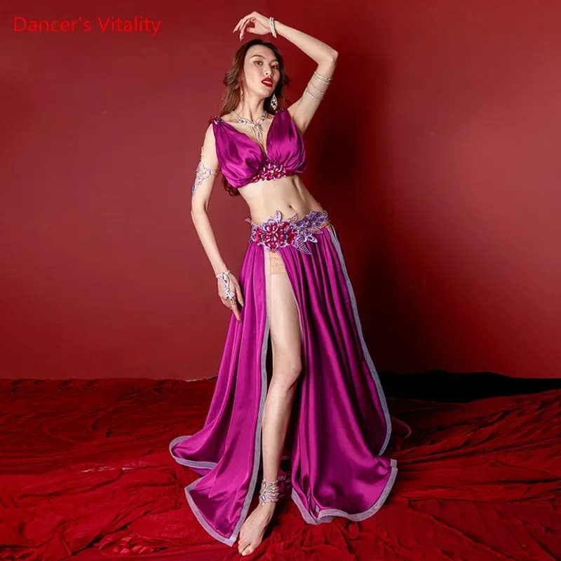 Soutien-gorge haut de gamme imbibé de danse du ventre pour femme, jupe longue, vêtements de performance professionnels, haut élégant