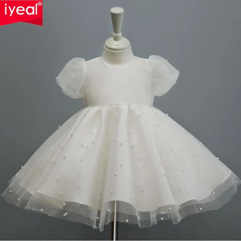 IYEAL – robes de princesse à fleurs pour petites filles, tenue de 1er anniversaire, col rond, nœud en maille, bulle blanche, manches courtes,