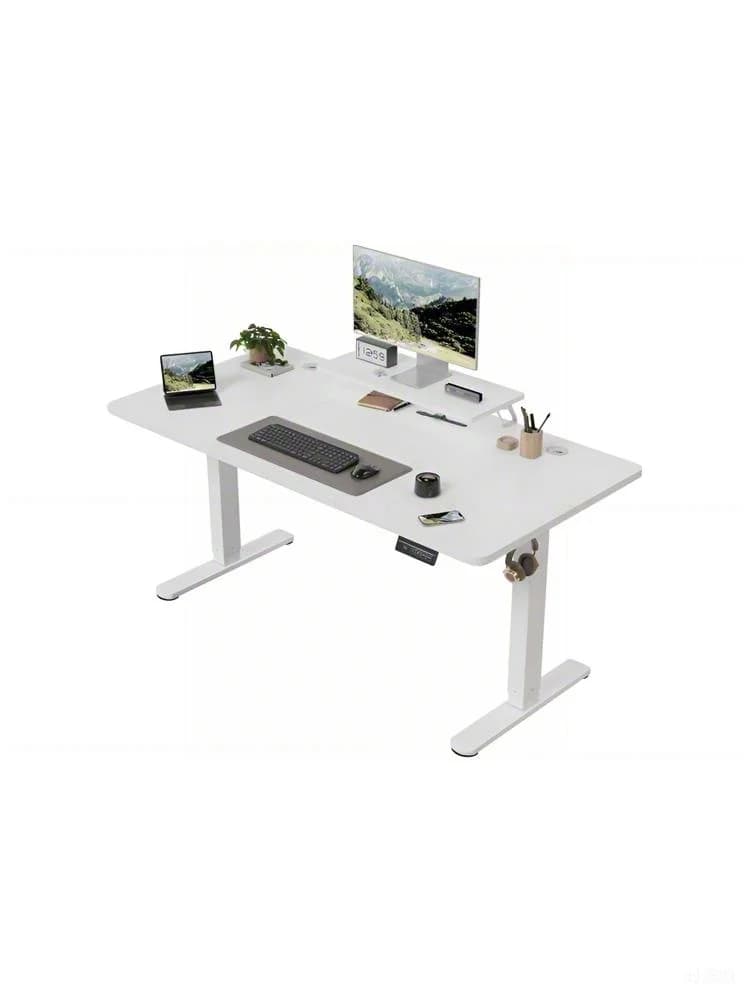 Devoko Bureau électrique réglable en hauteur 160 × 70 cm avec support pour moniteur Siège ergonomique Bureau debout (Blanc)