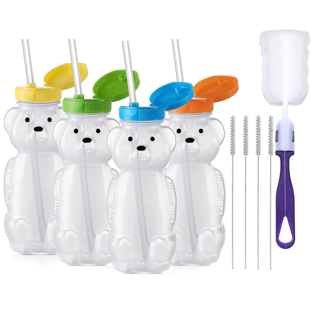 Tasses à paille Honey Bear pour bébés, qualité alimentaire, sans BPA, 4 pailles flexibles, biberons de 8 oz, 4 pièces