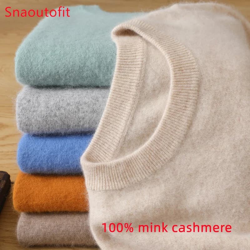 Pull en cachemire de vison pur pour hommes, pulls à col rond, pull en tricot, pulls haut de gamme, automne et hiver, nouveau, 100%
