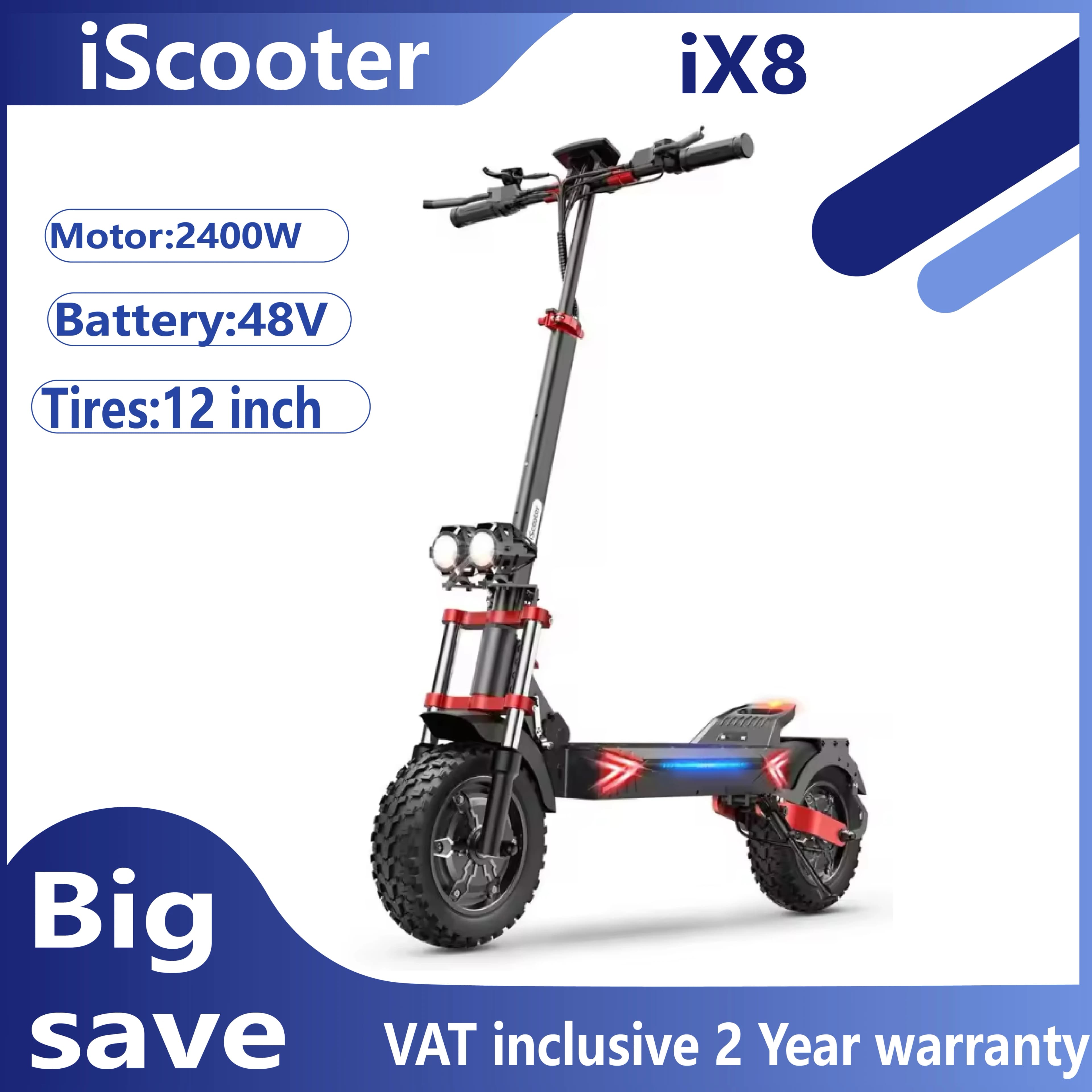 ISCooter iX8 adulte Scooter électrique 2400W moteur 48V20Ah batterie 12 pouces tout-terrain pneus pneumatiques pliable e-scooter