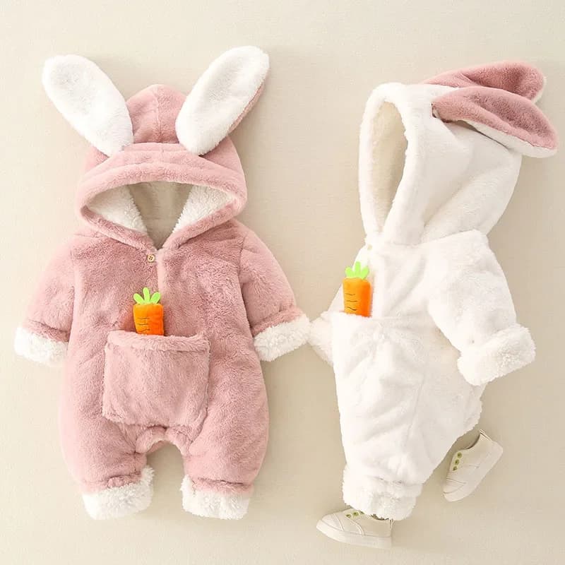 Barboteuse d'hiver chaude en molleton de corail pour bébé fille, vêtements pour nouveau-né, manteaux de lapin de dessin animé, combinaison pour