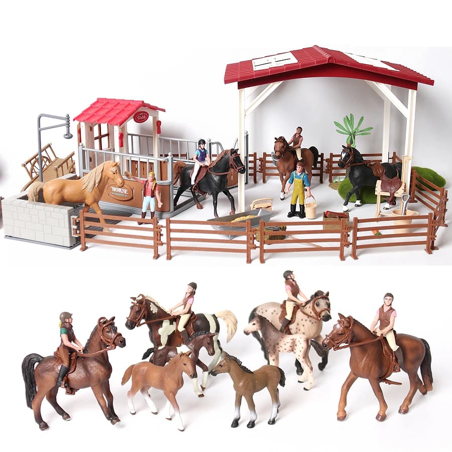 École d'équitation Stable de ferme avec coureurs et chevaux, cavalier avec poulets, modèle de jeu, Figurine animale, cadeau d'anniversaire de noël