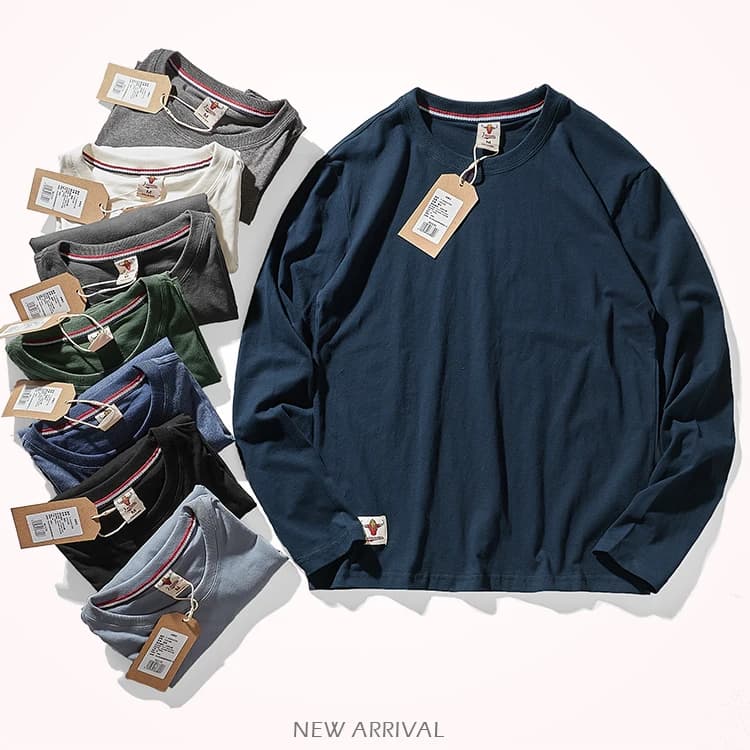T-shirt à manches longues et col rond pour homme, Simple et décontracté, 100% coton délavé, à la mode, style rétro américain, automne