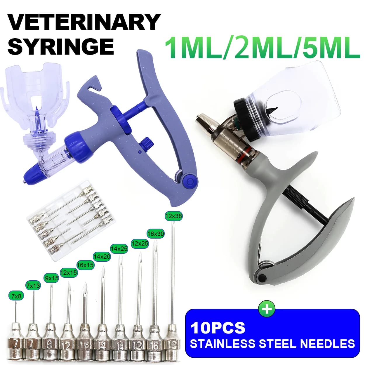 Seringue automatique pour volaille, 1/2/5ml, avec aiguilles, injecteur continu vétérinaire, Injection de vaccin avec échelle réglable, 1 pièce