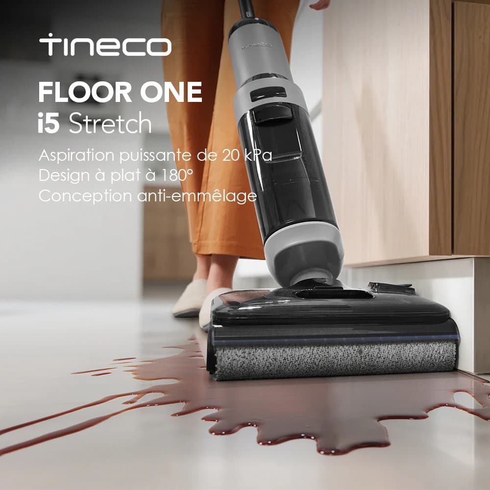 Aspirateur eau et poussière Tineco FLOOR ONE i5 Stretch, aspiration et essuyage 2 en 1, 180 °   Aspirateur Lay-Flat Wash, aspiration 20 kPa,