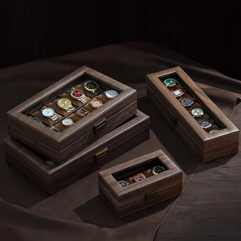 Boîte de montre en cuir PU, boîtier de montre organisateur avec dessus en verre