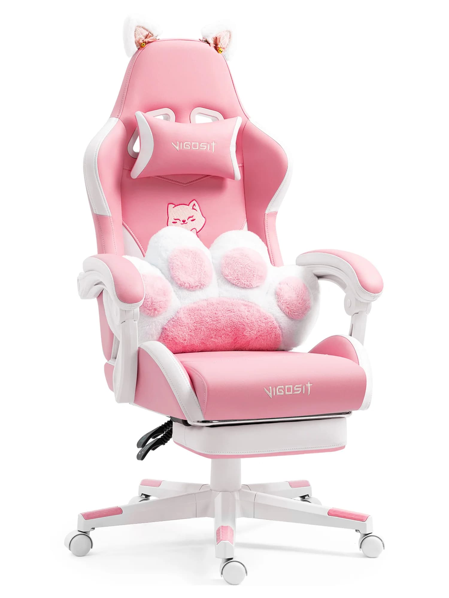Chaise de jeu Vigosit mignonne avec oreilles et coussin kawaii, chaise de jeu ergonomique pour filles avec soutien lombaire