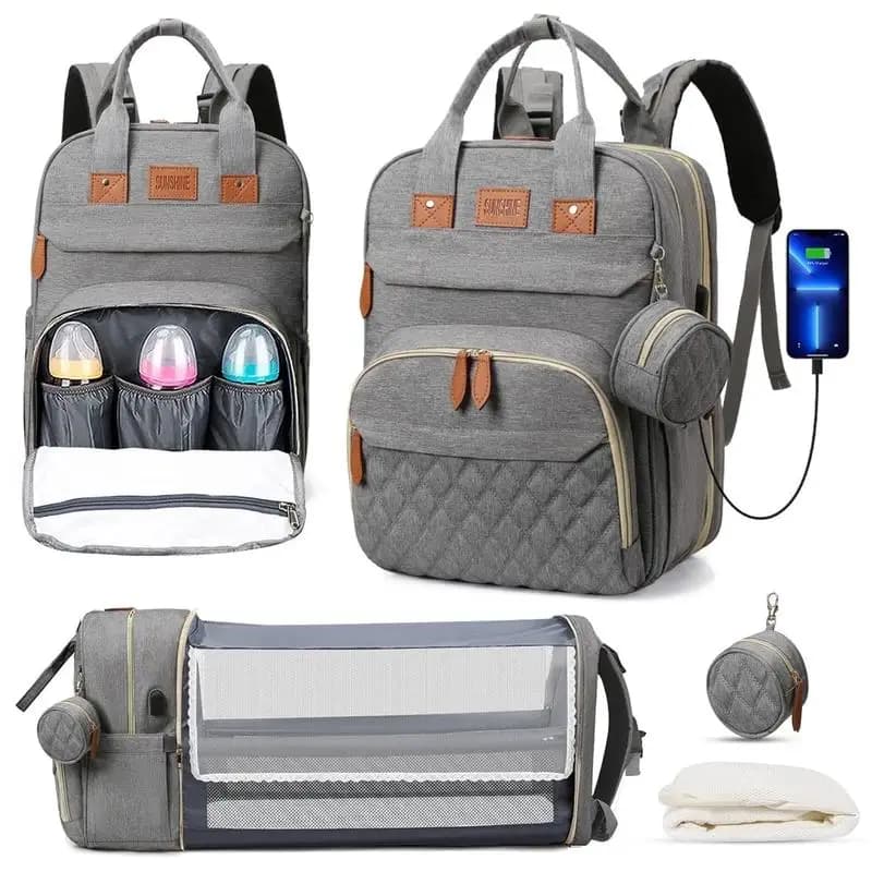 Sac à langer 3 en 1, sac à dos pliable pour lit de bébé, sac de voyage étanche avec chargeur USB, sac à dos avec lit à langer, 3 types