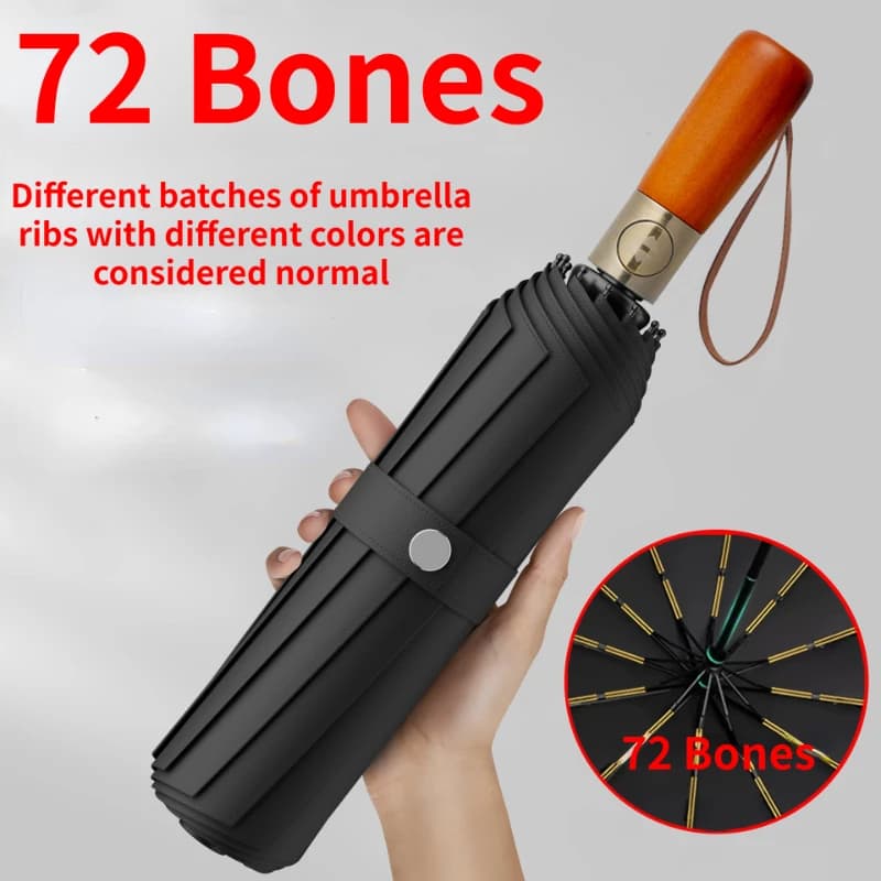 Parapluie entièrement automatique 72 os pour hommes, grand parapluie pliable noir haut de gamme avec manche en bois pour affaires