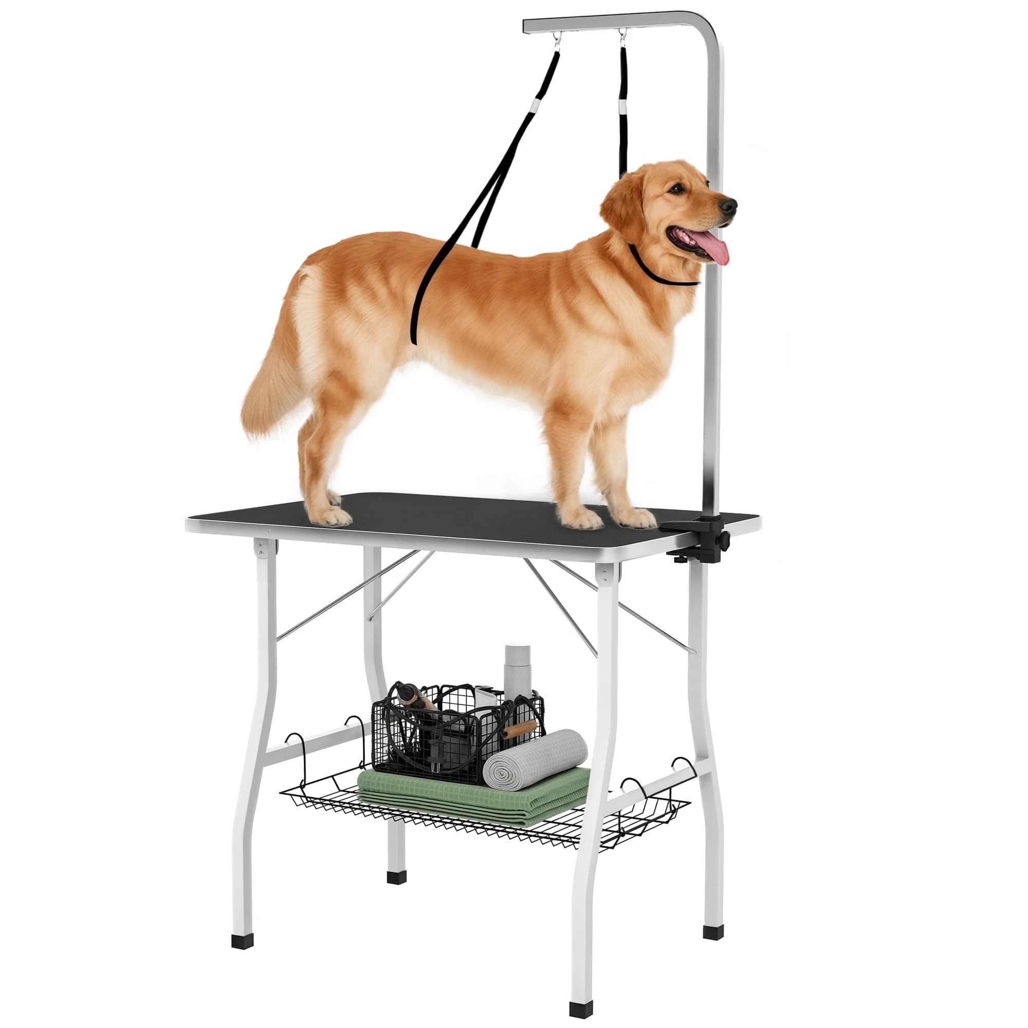 PawHut Table de toilettage pour chien pliante 90x60x76cm, stable - plateau antidérapant en caoutchouc avec 2 sangles - potence r