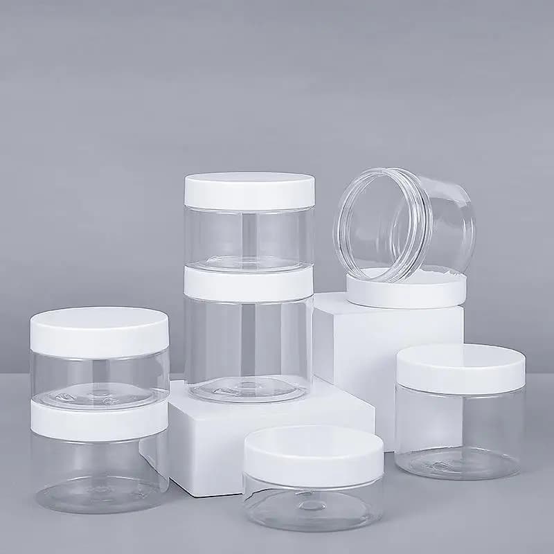Pot en plastique PET transparent avec couvercle blanc, vide, de 150 à 1000 ml, pour emballage et stockage à visser