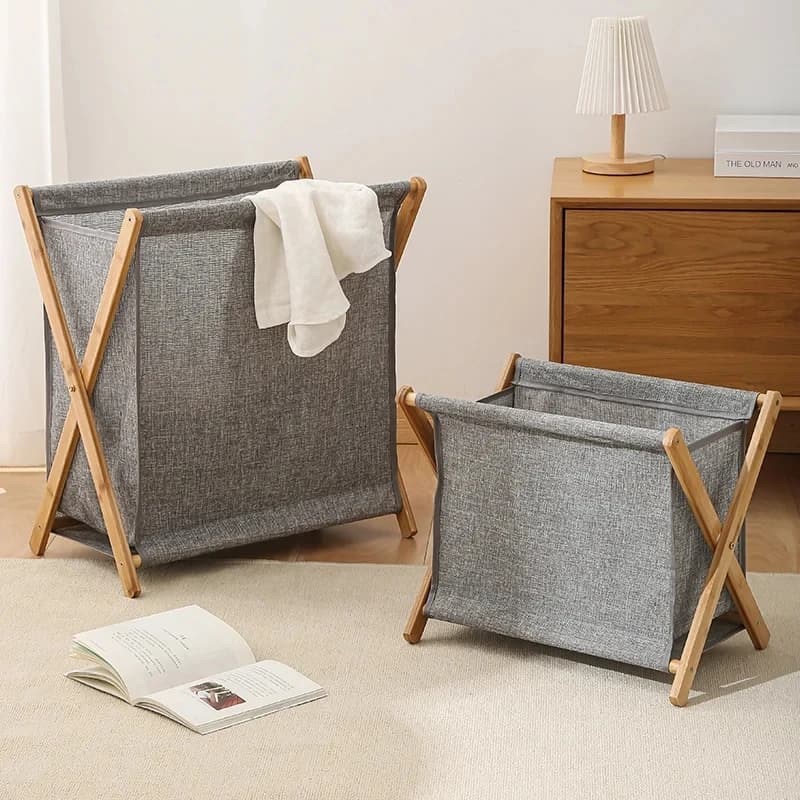 Panier à linge pour vêtements sales, support en bois, paniers de rangement pliables en coton et lin, organisateur de salle de bain, panier à