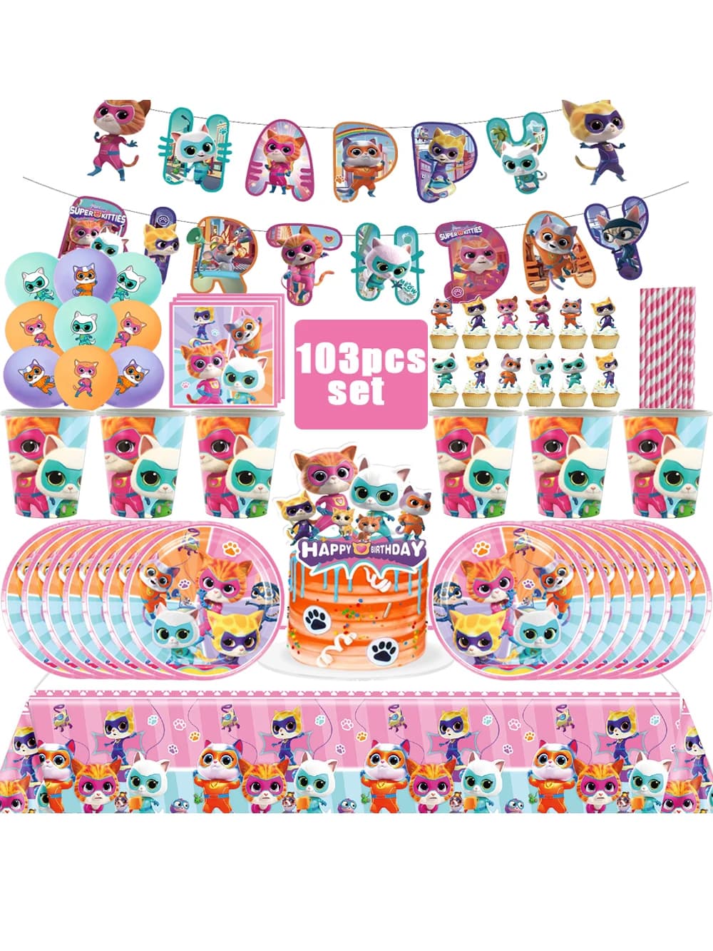Superkitties joyeux anniversaire fête décor patte miaou chat Super chatons vaisselle nappe assiette tasse coffret cadeau enfant fête Supplie jouet