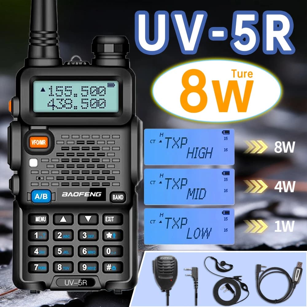 Radio bidirectionnelle portable Baofeng UV5R 8W Tri-Power, 5W haute puissance, double bande UHF VHF, longue portée, 128 canaux, UV 5R CB