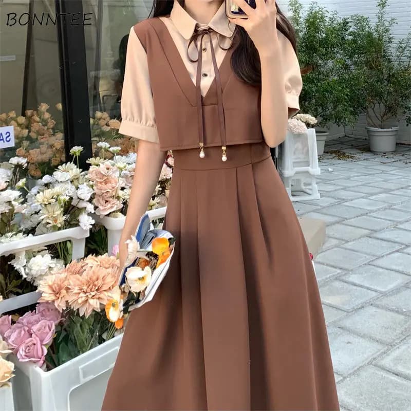 Robe à manches courtes pour femmes, Patchwork Preppy, Élégant, Jeune, Été, Mode coréenne, Doux, Ligne A, Simple, Faux, Deux pièces, Éducatif,