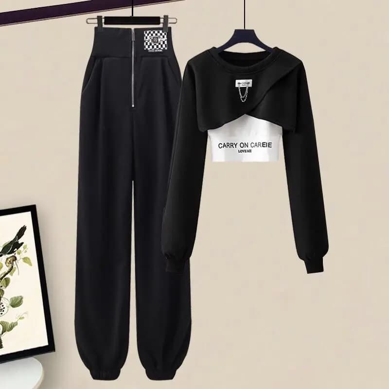 Ensemble de survêtement trois pièces pour femme, pull court, bretelles, pantalon, mode coréenne élégante, trempée de sport, printemps, automne