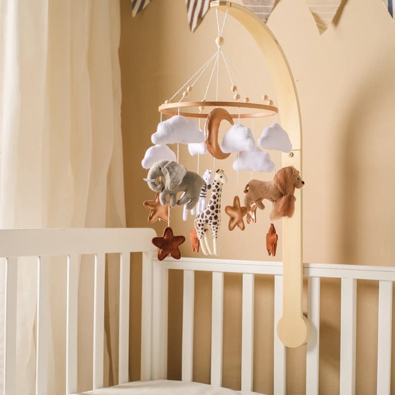 Mobile musical en bois pour lit bébé, support pour berceau, jouet suspendu en feutre doux avec animaux, boîte à musique pour nouveau-né, jouets