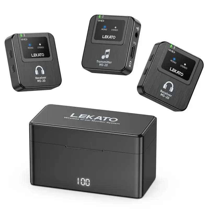 Lekato Ms-20 Iem sans fil, boîtier de chargement 30H et portée de 150 pieds - Ensemble 1 Tx à 2 Rx pour la surveillance en direct cristalline