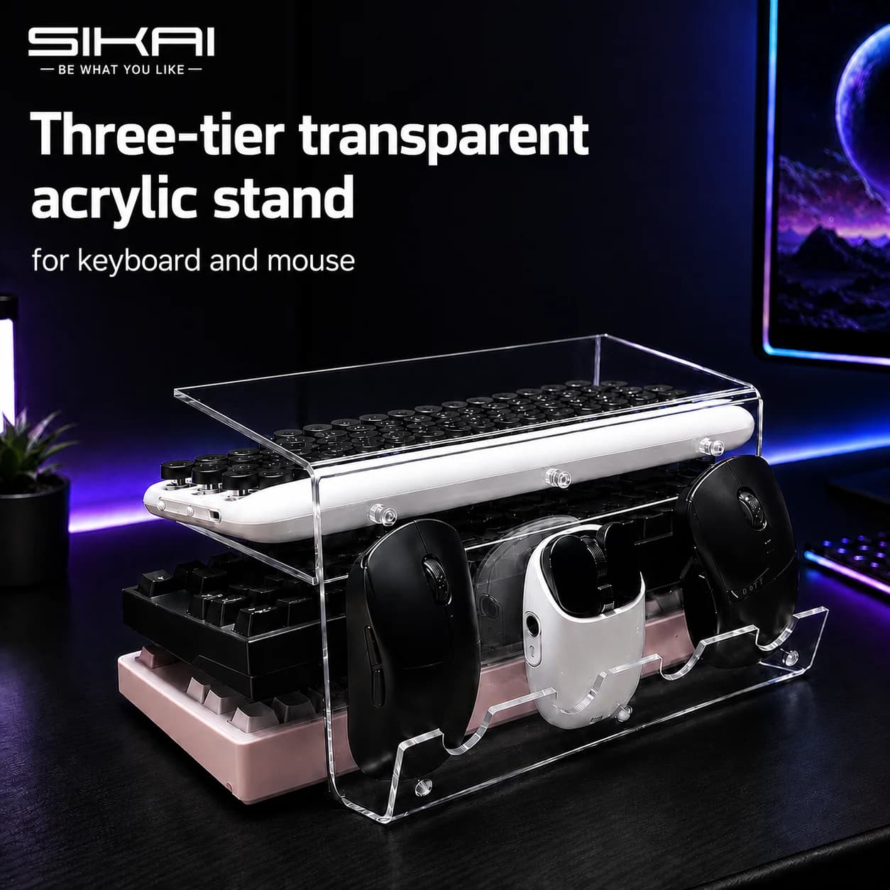 Organisateur de bureau pour clavier et souris, support en acrylique à 3 niveaux, étagère légère, outil de rangement pour clavier, pour exposition