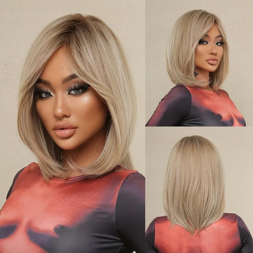 Perruques Bob courtes et lisses pour femmes noires, perruques blondes avec frange, racines foncées, remplacement de cheveux, perruque de Cosplay