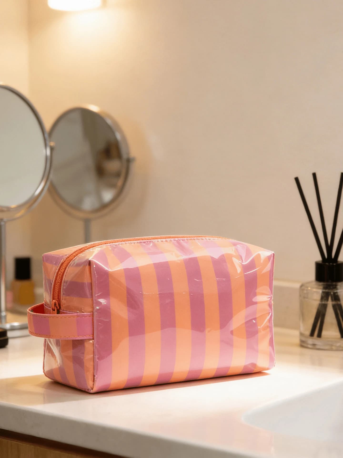 Sac de maquillage élégant à rayures roses, sac de voyage portable de grande capacité, sac de rangement pour rouge à lèvres, sac à main, sac