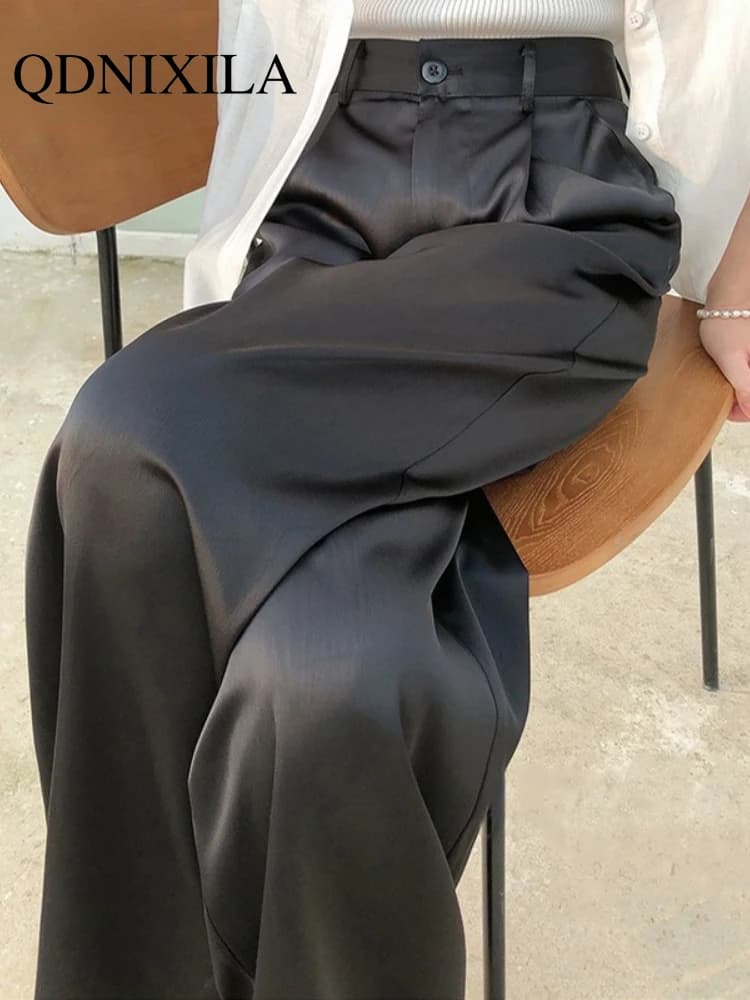Pantalon pour Femme Classique Noir, Droit, Taille Haute, Décontracté, Coréen, Jambes Larges, Été Automne