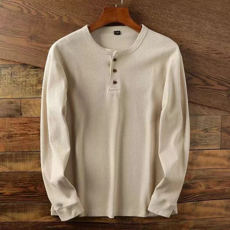 T-shirt basique pour hommes, coupe cintrée, décontracté, Henley gaufré, chemises à manches longues, thermique, solide, demi-bouton, chemises en