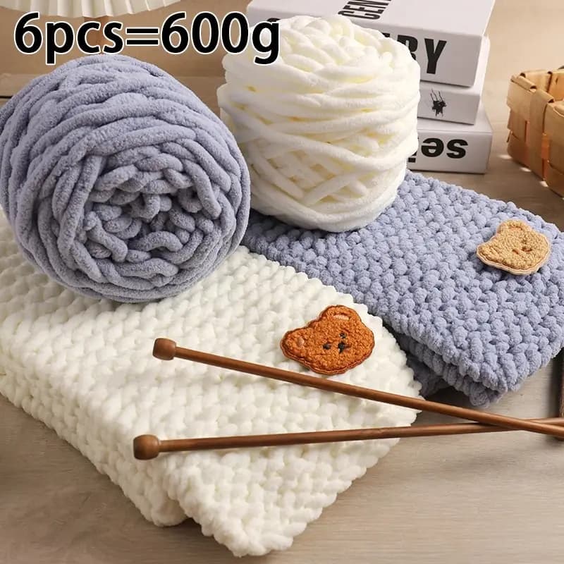 6 boules de fil + 1 ours en peluche, bijoux, cadeau fait à la main, fil d'écharpe tissé, fil à rayures glacées, boule de fil épais