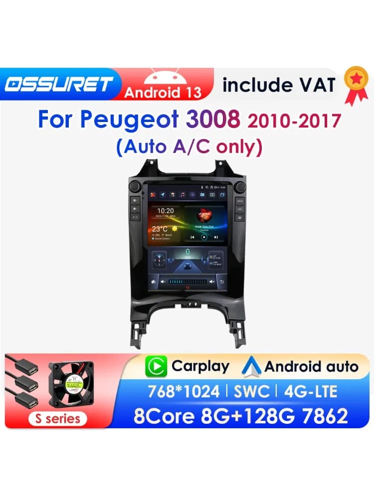Autoradio Android 13 2 DIN pour Peugeot 3008 2010 – 2017, Auto A/C uniquement, multimédia stéréo, écran Vertical de 9.7 pouces, Carplay 7862