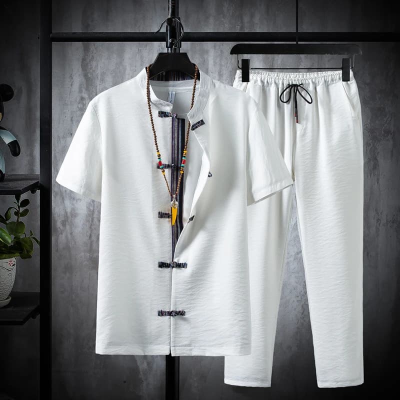Chemises + pantalons été 100% Coton lin Objectifs manches Hommes Casual Ensembles Homme viser et chemises mode hommes M-5XL pleine taille