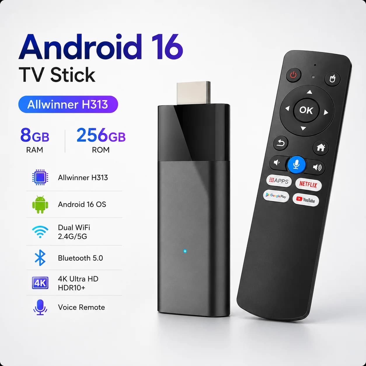 Clé TV Android 16 Allwinner H313 8 Go RAM 256 Go ROM, Dongle Smart TV 4K HD Bluetooth 5.0 avec télécommande vocale, Lecteur multimédia double