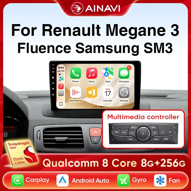Ainavi autoradio pour Renault Megane 3 Fluence Samsung SM3 2008 - 2014 sans fil Carplay Android Auto voiture multimédia stéréo 2 Din
