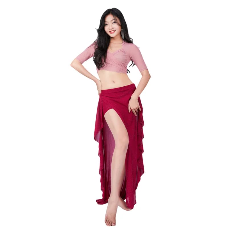 Costume de danse du ventre pour femmes, haut Sexy à manches courtes, vêtements de Performance pour adultes, jupe en gaze pratique professionnelle,