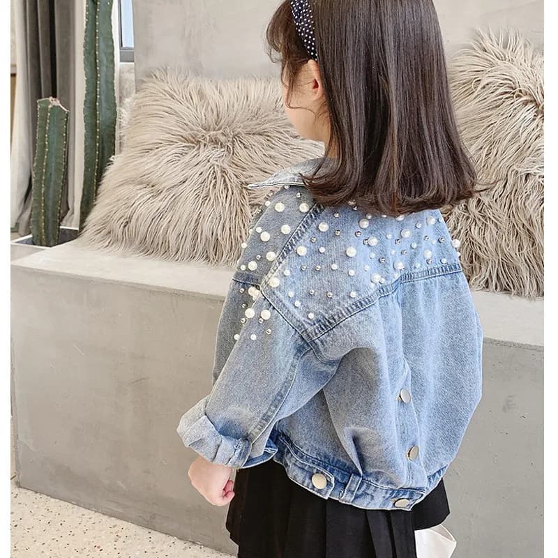 Veste en jean pour fille de 3 à 10 ans, nouvelle veste en jean à manches longues avec perles pour enfants, version coréenne, manteau à la mode
