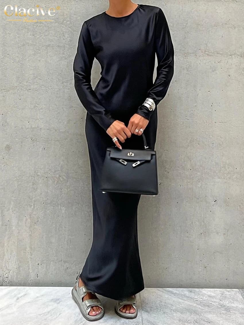 ClacMarkets-Robe en Satin Noir pour Femme, Élégante, Col Rond, Manches sulf, Longueur Rinçage, Mode Simple, Soyeuse, 2023