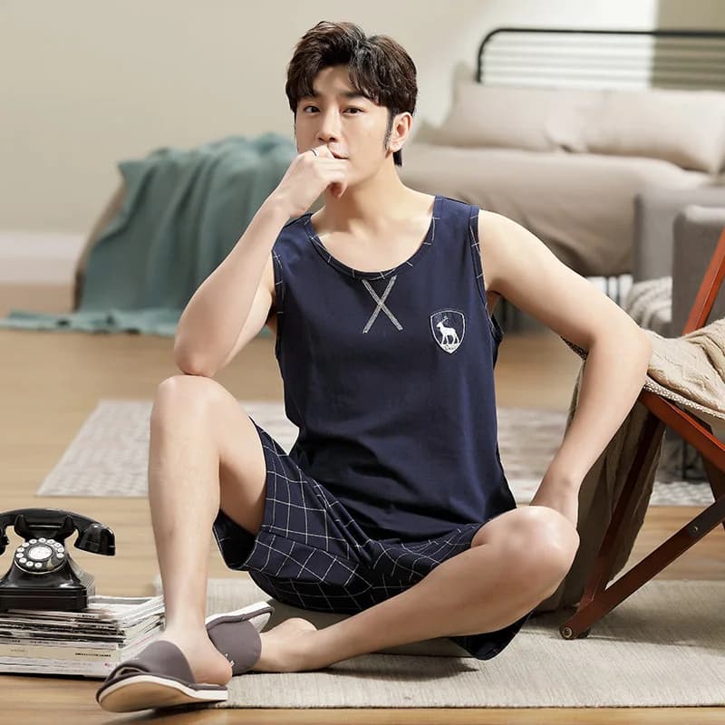 Ensemble de pyjama deux pièces en coton pour hommes, short d'été, vêtements de nuit à manches courtes, vêtements de détente, grande taille,