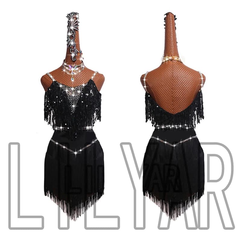 Jupe de danse latine compétition Performance adulte personnalisé enfants noir paillettes clignotant diamant gland mince dos nu jupe de danse