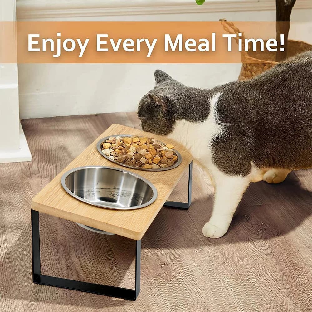 Bols surélevés pour chat 15 °   Bols de nourriture pour chat inclinés et surélevés avec support en bois Anti-vomissement 2 bols en acier