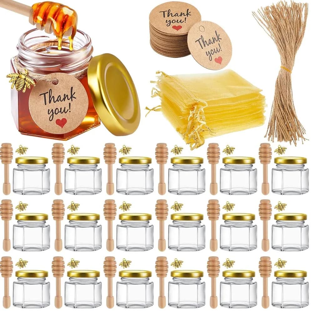 Mini pots de miel avec cuillère à miel, couvercle doré, pendentifs abeilles, sacs cadeaux et jutes - Parfaits pour les cadeaux de baby shower et