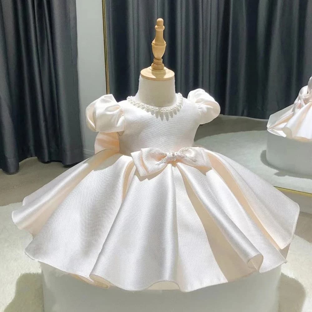 Robe de soirée en Satin Champagne pour filles, robes élégantes à perles pour enfants, vêtements de princesse de luxe, robe d'anniversaire pour