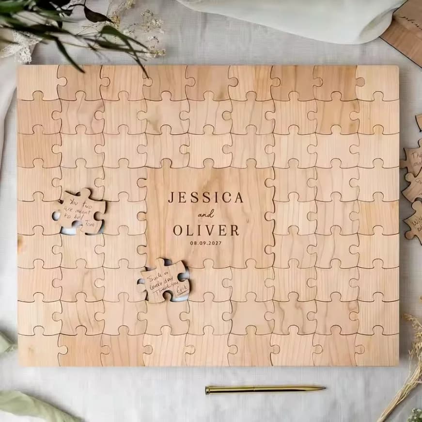 Puzzle de mariage personnalisé en bois rustique, livre d'or en bois, nom personnalisé alternatif, cadeau de Couple