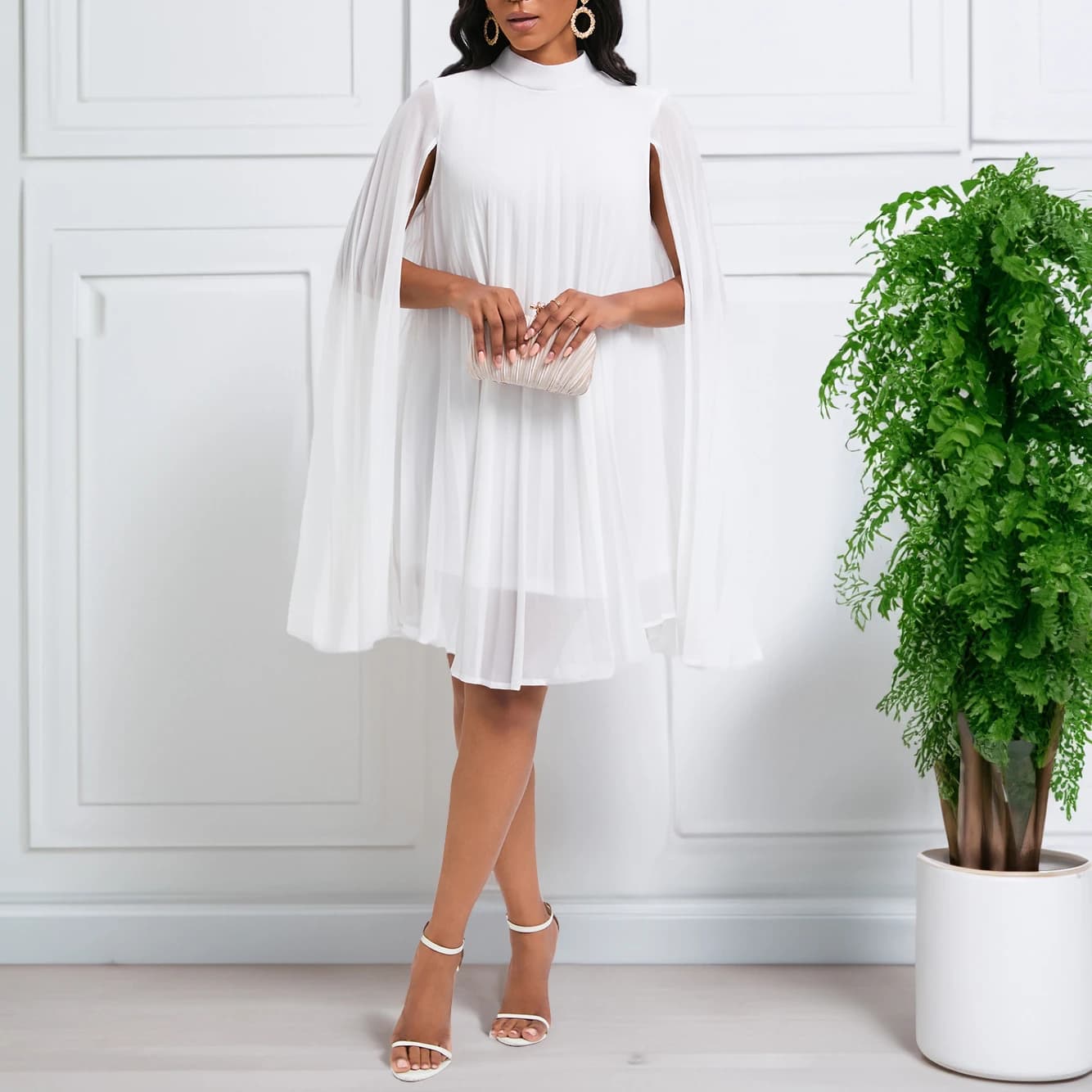 Mini robe en mousseline de soie froncée Everak pour femme, robes courtes plissées, col mi-haut, monochromatique, décontracté, fête, club,