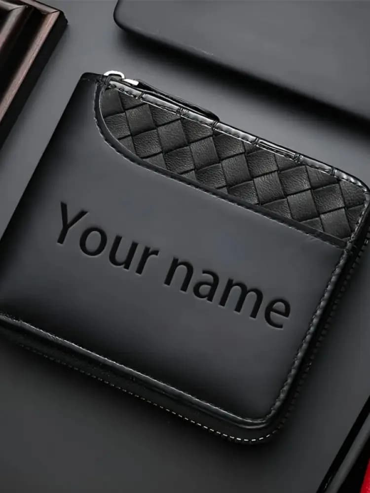 Portefeuille en similicuir de luxe personnalisé pour homme, avec embossage sur le dessus, corps en similicuir noir lisse, fermeture à glissière,