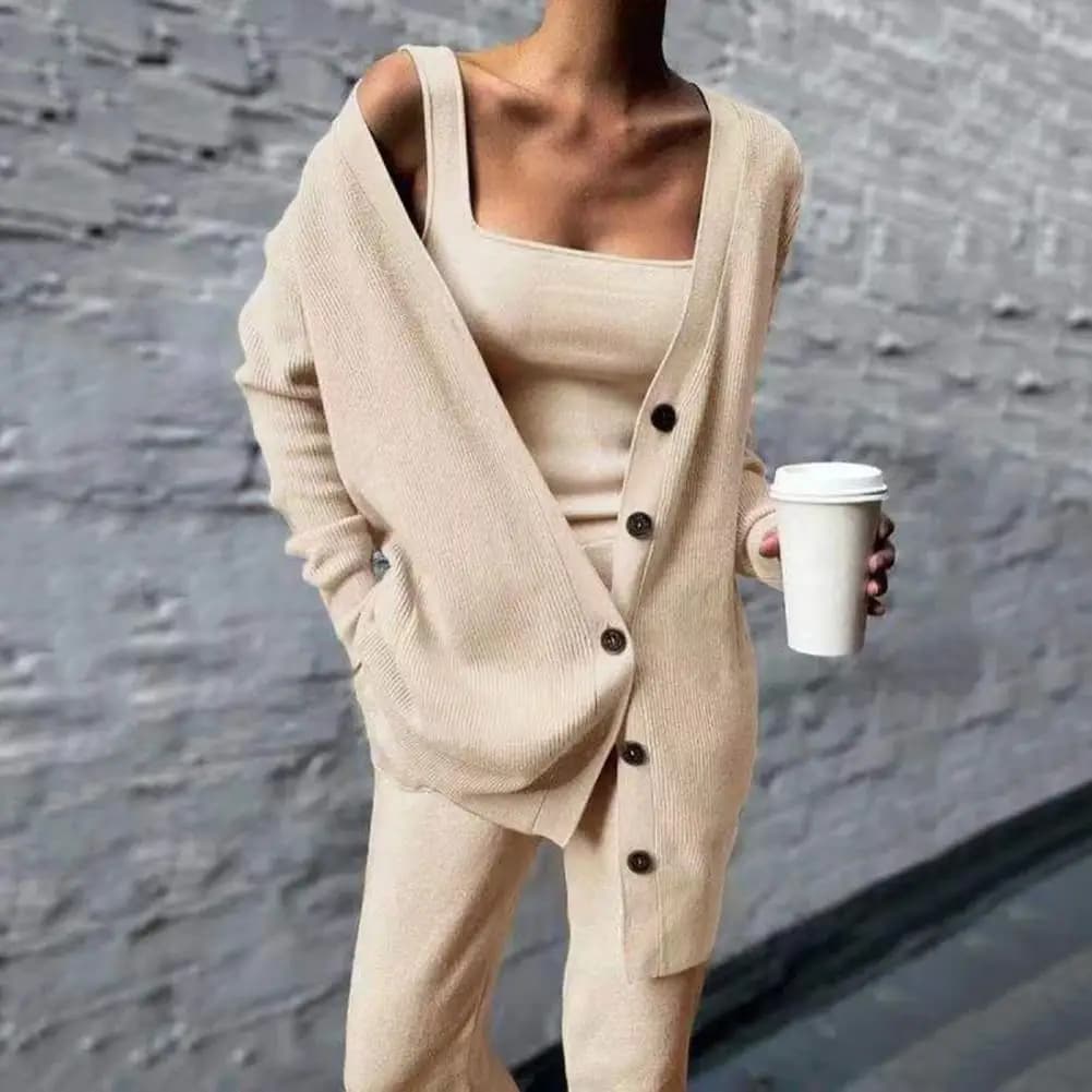 Femmes tricoté tenue trois pièces débardeur Cardigan pantalon ensemble solide manches longues tricoté costume printemps survêtement gilet