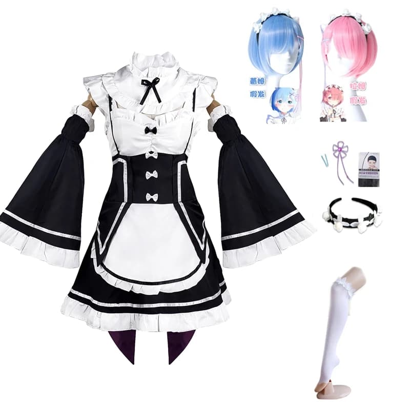 Ram Rem Cosplay Costume, Anime Re:zero Kara Hajimeru Isekai Seikpetrol Uniforme Perruque, Robe Lolita Femme Servante, Tablier Fille
