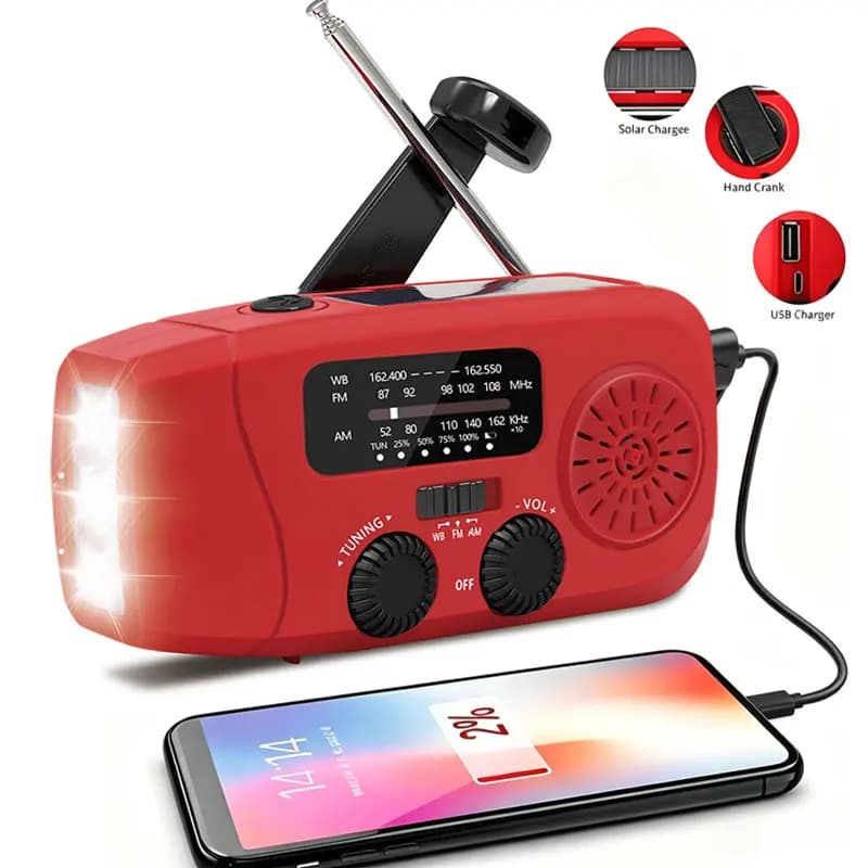 Radio solaire de survie à manivelle, charge TYPE-C, FM AM, rechargeable, 2000mAh, petite radio portable, SOS d'urgence, lampe torche LED