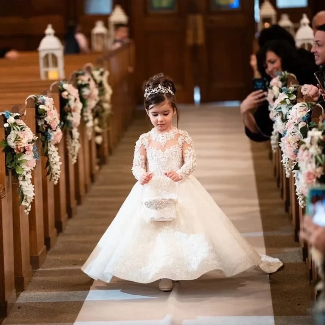 Robe luxueuse à fleurs blanches pour filles, longue traîne avec nœud en perles, robe de bal d'anniversaire, robes de princesse de première